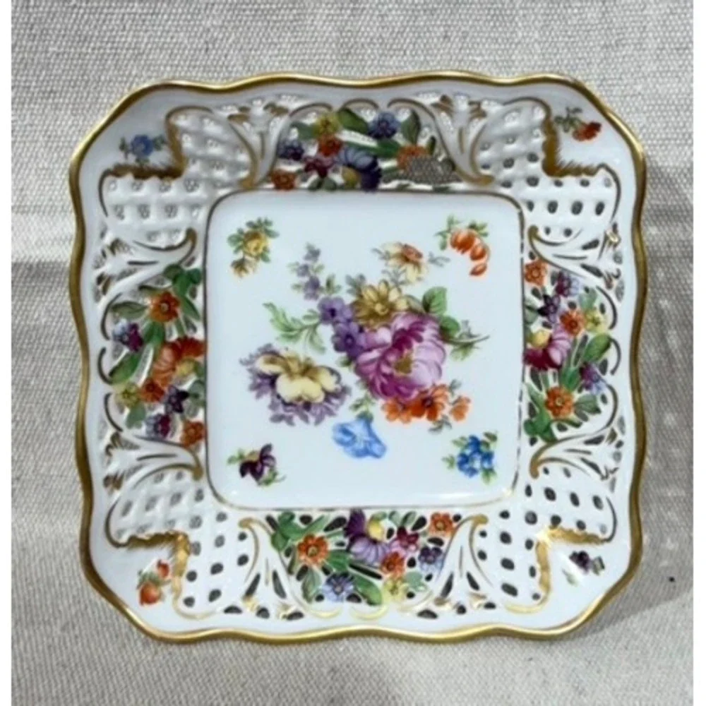 Schumann Arzberg Dresden Flowers Reticulated Porcelain Plate Bowl Set 5pc Gold